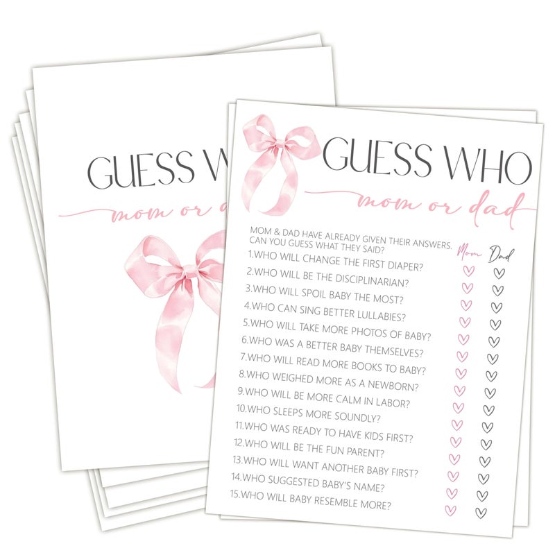 HandEasy Pink Bow Baby Shower Games for Girl Guess Who Mom Or Dad Game 5 x725 PcsB05 - Image 3