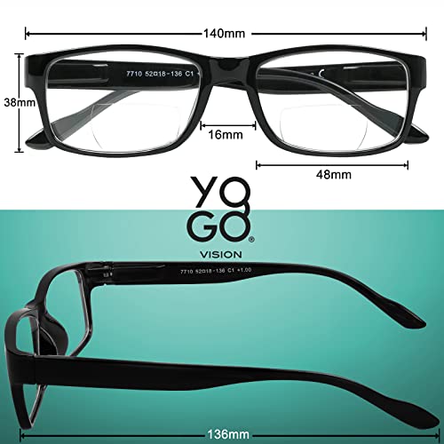 Yogo Vision Bifocal Reading Glasses for Men and Women Rectangle MultiFocal Readers with Spring Hinges Retro Design Black 2.25 - Image 4