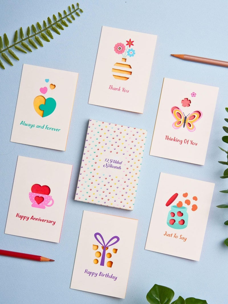 DOODLE Set Of 12 Blank Laser Cut Notecards|Box Packaging|3 X 4.25 In|6 Designs X 2 Cards|Ample Space To Write Inside For Thank You - (Bright Icons) - Image 1