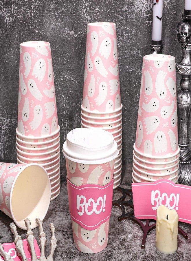 JarThenaAMCS 50 Sets 16oz Halloween Ghost Coffee Paper Cups Pink Cute Ghost Boo Disposable Cups with Lids and Sleeves for Hot Cold Drinks Birthday Baby Shower Party Supplies - Image 3