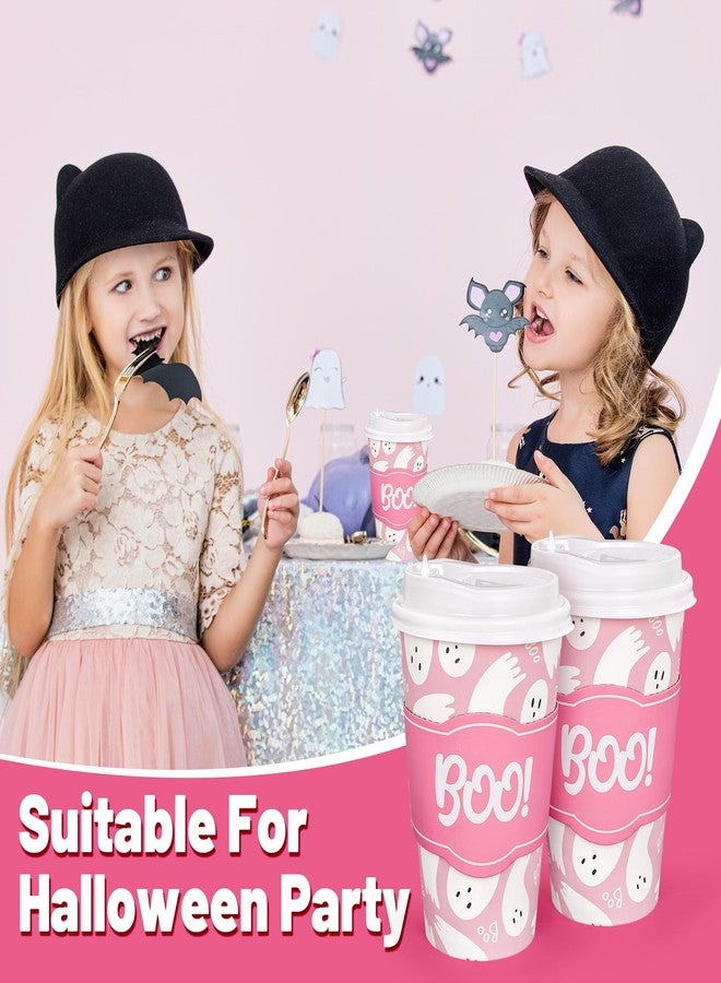 JarThenaAMCS 50 Sets 16oz Halloween Ghost Coffee Paper Cups Pink Cute Ghost Boo Disposable Cups with Lids and Sleeves for Hot Cold Drinks Birthday Baby Shower Party Supplies - Image 5