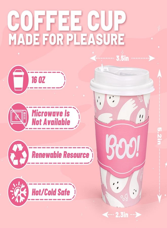 JarThenaAMCS 50 Sets 16oz Halloween Ghost Coffee Paper Cups Pink Cute Ghost Boo Disposable Cups with Lids and Sleeves for Hot Cold Drinks Birthday Baby Shower Party Supplies - Image 2