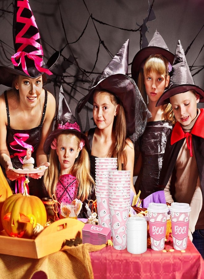 JarThenaAMCS 50 Sets 16oz Halloween Ghost Coffee Paper Cups Pink Cute Ghost Boo Disposable Cups with Lids and Sleeves for Hot Cold Drinks Birthday Baby Shower Party Supplies - Image 4