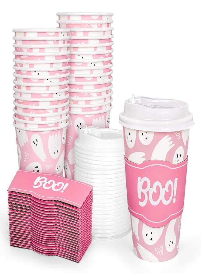 JarThenaAMCS 50 Sets 16oz Halloween Ghost Coffee Paper Cups Pink Cute Ghost Boo Disposable Cups with Lids and Sleeves for Hot Cold Drinks Birthday Baby Shower Party Supplies - Image 1