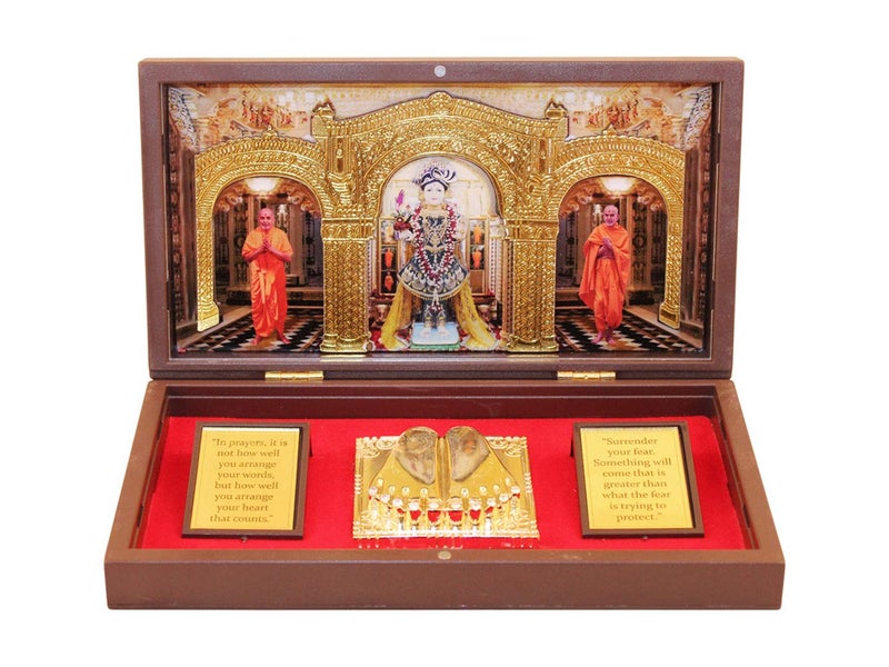 GoldGiftIdeas 24K Gold Plated Swaminarayan Photo Frame with Charan Paduka Box for Pooja, Return Gifts, Pramukh Swami Frame for Gift - Image 1