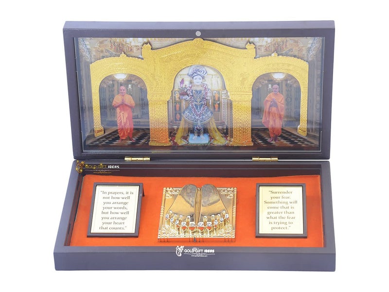 GoldGiftIdeas 24K Gold Plated Swaminarayan Photo Frame with Charan Paduka Box for Pooja, Return Gifts, Pramukh Swami Frame for Gift - Image 5