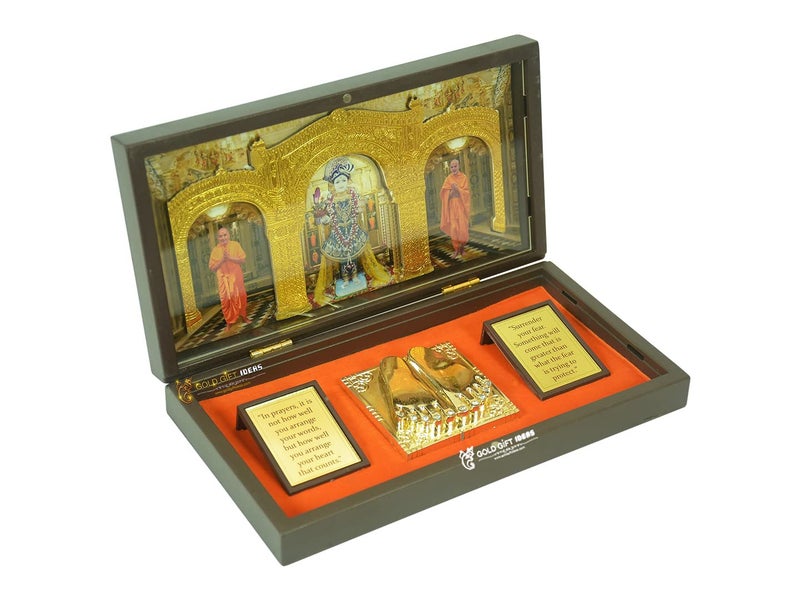 GoldGiftIdeas 24K Gold Plated Swaminarayan Photo Frame with Charan Paduka Box for Pooja, Return Gifts, Pramukh Swami Frame for Gift - Image 2