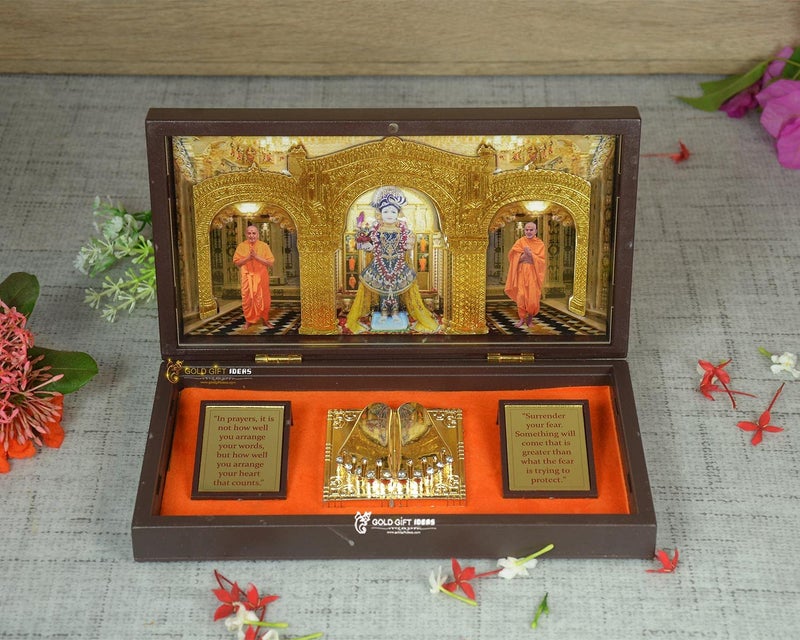 GoldGiftIdeas 24K Gold Plated Swaminarayan Photo Frame with Charan Paduka Box for Pooja, Return Gifts, Pramukh Swami Frame for Gift - Image 4