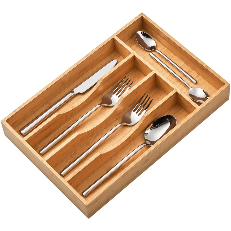 Umilife Bamboo Kitchen Drawer Organizer, 8.25 Inch Silverware Utensils Tray Holder for Small Drawer, Wood Caddy for Flatware Cutlery Knives - Image 1
