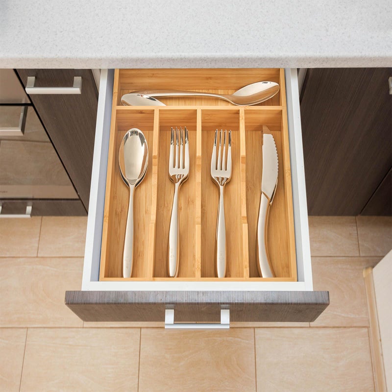 Umilife Bamboo Kitchen Drawer Organizer, 8.25 Inch Silverware Utensils Tray Holder for Small Drawer, Wood Caddy for Flatware Cutlery Knives - Image 5