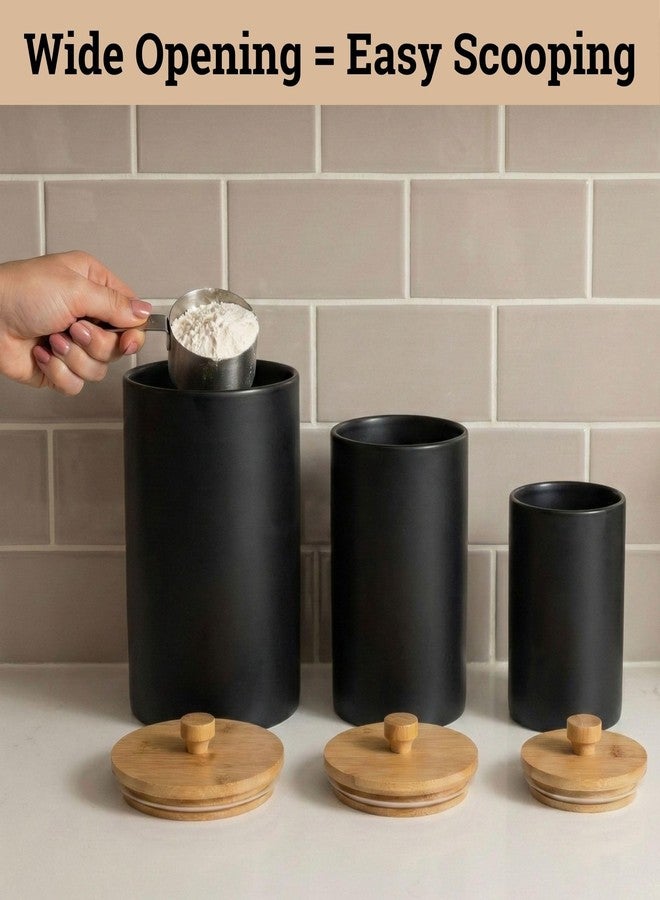 HB Design Co. Ceramic Kitchen Canisters for Countertop Set of 3 with Airtight Bamboo Lids - Black Kitchen Canisters with Airtight Lids - Flour Sugar Canister Set - Flour and Sugar Containers Farmhouse - Coffee Jar - Image 5