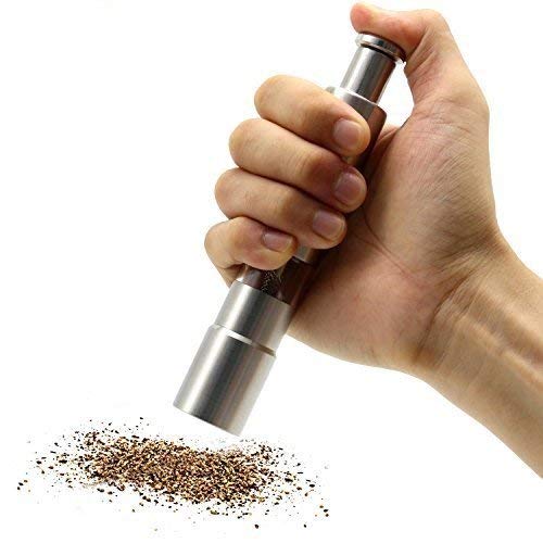 Delzon Stainless Steel Manual Operation Stainless Thumb Press Steel Black Pepper, Spice and Salt Mill Hand Grinder Machine (Silver) - Image 2