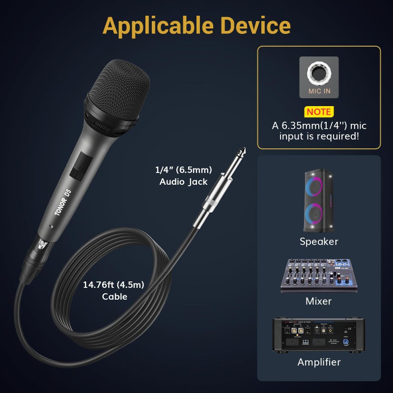 TONOR Professional Vocal Microphone for Singing, Dynamic Handheld Wired Karaoke Mic, Cardioid Studio Microfono with 450 cm/157inch XLR to 1/4" Cable, for Speakers/Mixer Machine/Amp/Speech/Karaoke, D5 - Image 5