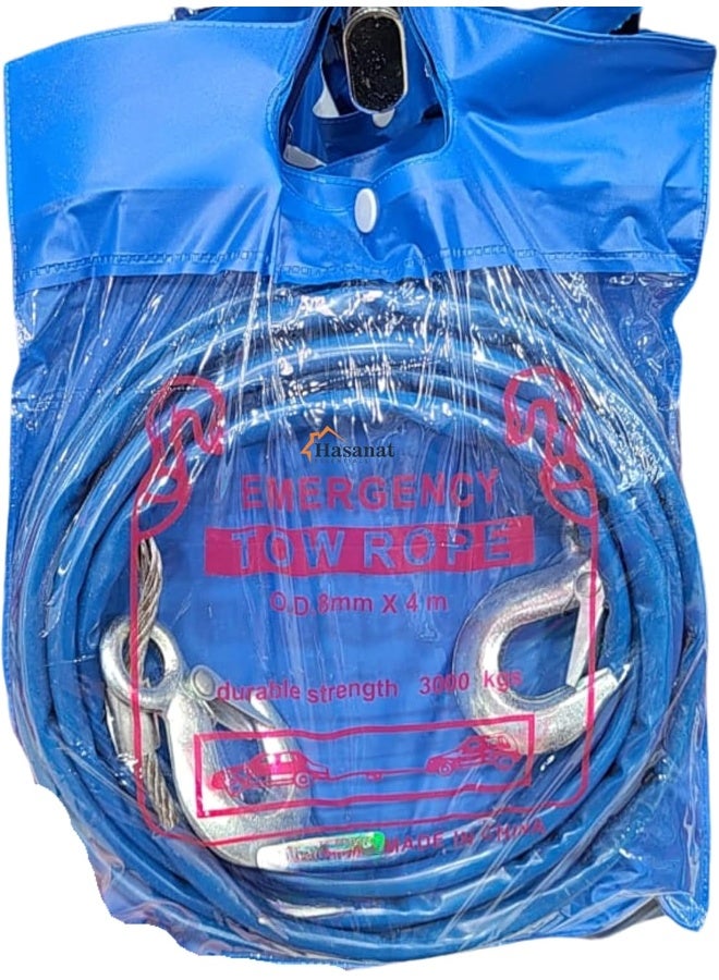 HASANAT ESSENTIALS كابل سحب سلك فولاذي للسيارات من إيسينشالز مع خطاف 3 طن × 8 مم × 4 م - Image 1
