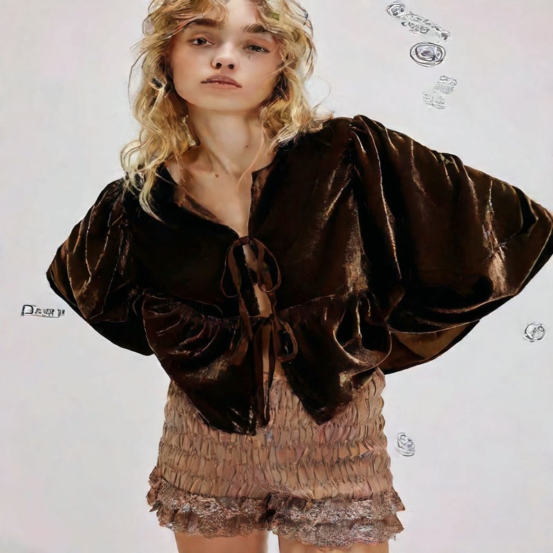 Velvet Blouse Women Casual Tie Front Shirt - Image 3
