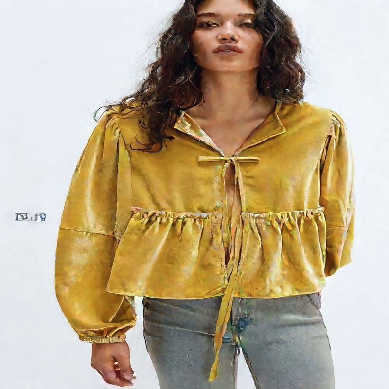 Velvet Blouse Women Casual Tie Front Shirt - Image 1