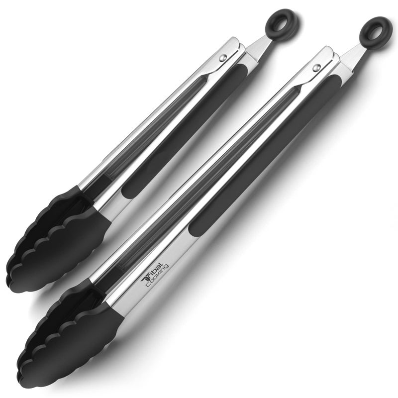 Tribal Cooking Kitchen Tongs With Silicone Tips - Stainless Steel Tongs For Cooking - 9"" And 12"" Tongs With Silicone Rubber Grips Small And Large - Metal Bbq Tongs With Locking - Image 1