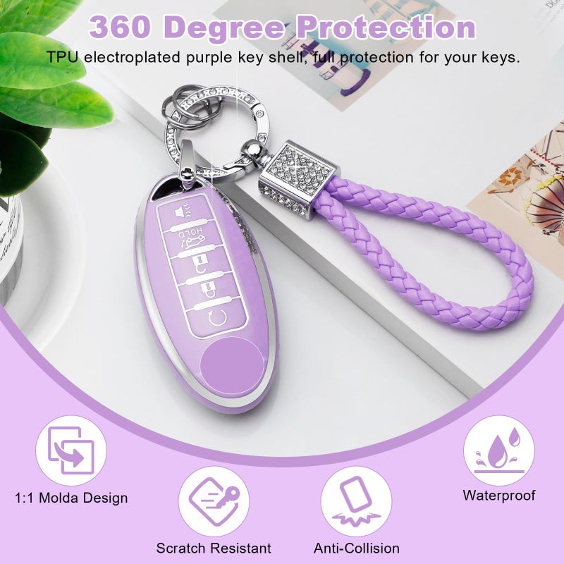 PIFOOG Key Fob Cover for Nissan 5 Button Purple with Bling Keychain Girly Car Keys Case Shell Full Covers Protector Accessories for Altima Sentra Rogue Maxima Armada Murano Pathfinder Versa TPU Women - Image 3