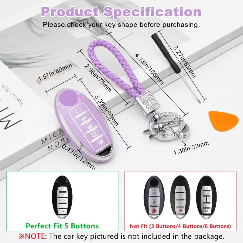 PIFOOG Key Fob Cover for Nissan 5 Button Purple with Bling Keychain Girly Car Keys Case Shell Full Covers Protector Accessories for Altima Sentra Rogue Maxima Armada Murano Pathfinder Versa TPU Women - Image 2