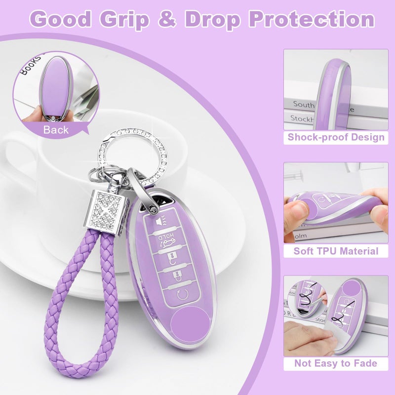 PIFOOG Key Fob Cover for Nissan 5 Button Purple with Bling Keychain Girly Car Keys Case Shell Full Covers Protector Accessories for Altima Sentra Rogue Maxima Armada Murano Pathfinder Versa TPU Women - Image 4