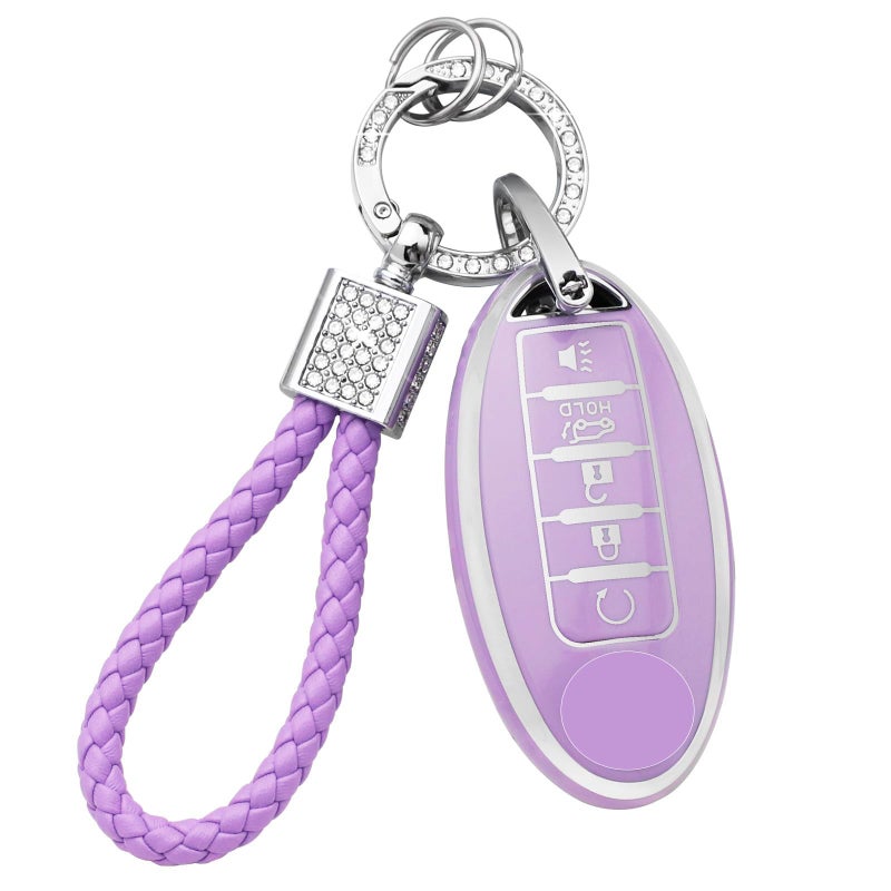 PIFOOG Key Fob Cover for Nissan 5 Button Purple with Bling Keychain Girly Car Keys Case Shell Full Covers Protector Accessories for Altima Sentra Rogue Maxima Armada Murano Pathfinder Versa TPU Women - Image 1