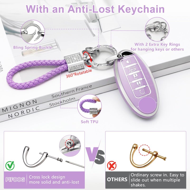 PIFOOG Key Fob Cover for Nissan 5 Button Purple with Bling Keychain Girly Car Keys Case Shell Full Covers Protector Accessories for Altima Sentra Rogue Maxima Armada Murano Pathfinder Versa TPU Women - Image 5