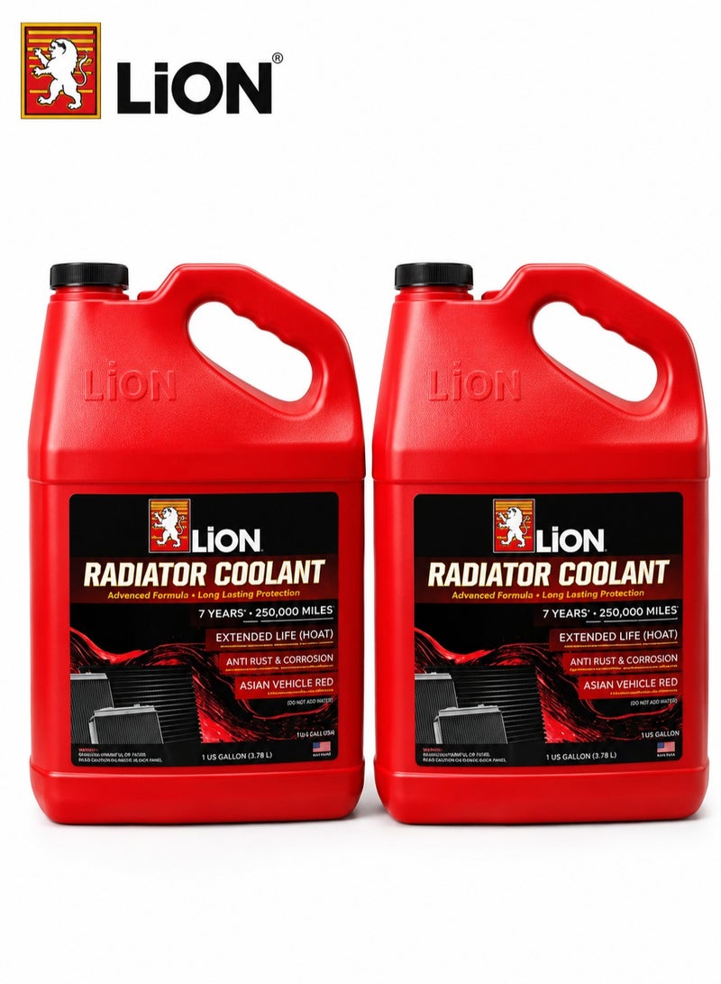 LION Radiator Coolant Ready to Use Red Coolant Liquid 3.785L 2 Pc Combo Long Life Engine Cooling Fluid for Asian Vehicles Anti Rust Corrosion Protection Pre Mixed Formula for Car SUV Pickup Truck Radiator System Care ERPC1001 - Image 1