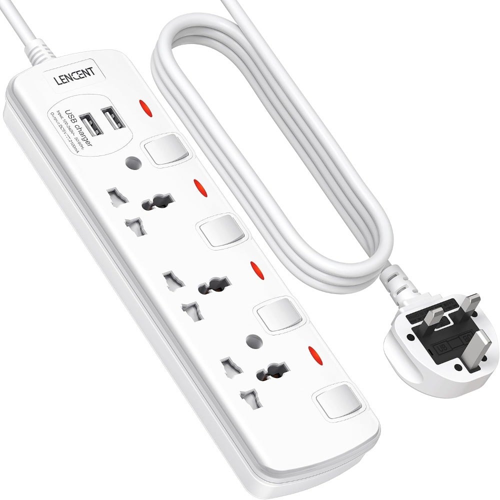 Extension Lead with USB Slots, 3 Way Sockets Universal Power Strips
