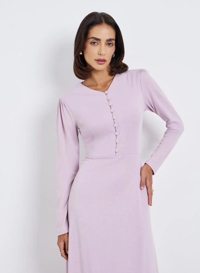 ستايلي Solid Puff Sleeve Button Maxi Dress