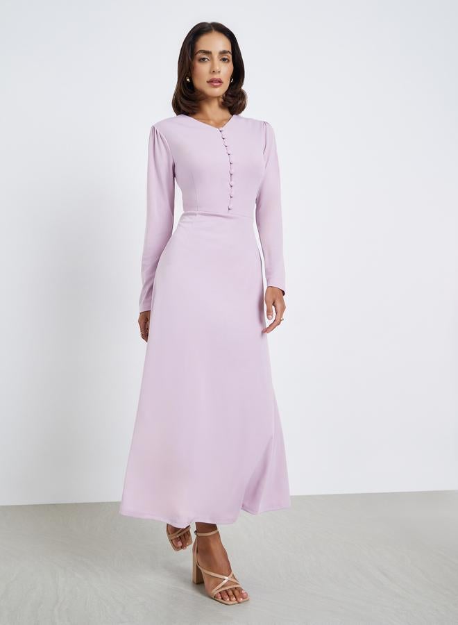 Styli Women Button Placket Plain Maxi Dress - Image 3
