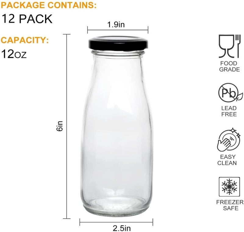 FUFU 12 oz Glass Bottles, Clear Glass Milk Bottles with Black Metal Airtight Lids, Vintage Breakfast Shake Container, Vintage Drinking Bottles with of 12pack - Image 2