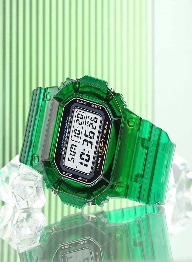 Gosasa Women's Men Youth Square Full Transparent Digital Watch Chronograph Countdown Dual Time Waterproof Watch, B Green - Image 5