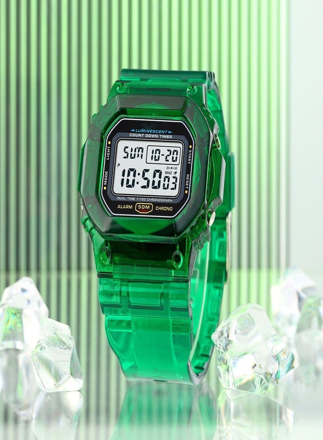 Gosasa Women's Men Youth Square Full Transparent Digital Watch Chronograph Countdown Dual Time Waterproof Watch, B Green - Image 4