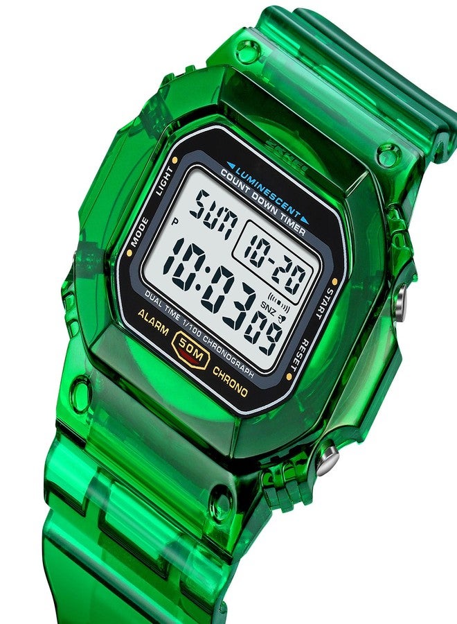 Gosasa Women's Men Youth Square Full Transparent Digital Watch Chronograph Countdown Dual Time Waterproof Watch, B Green - Image 2