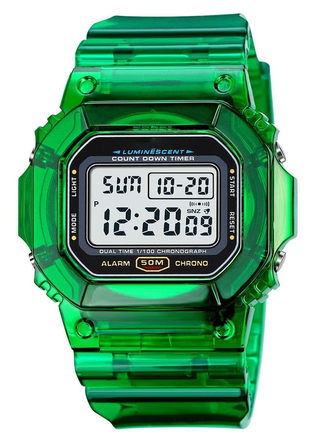 Gosasa Women's Men Youth Square Full Transparent Digital Watch Chronograph Countdown Dual Time Waterproof Watch, B Green - Image 1
