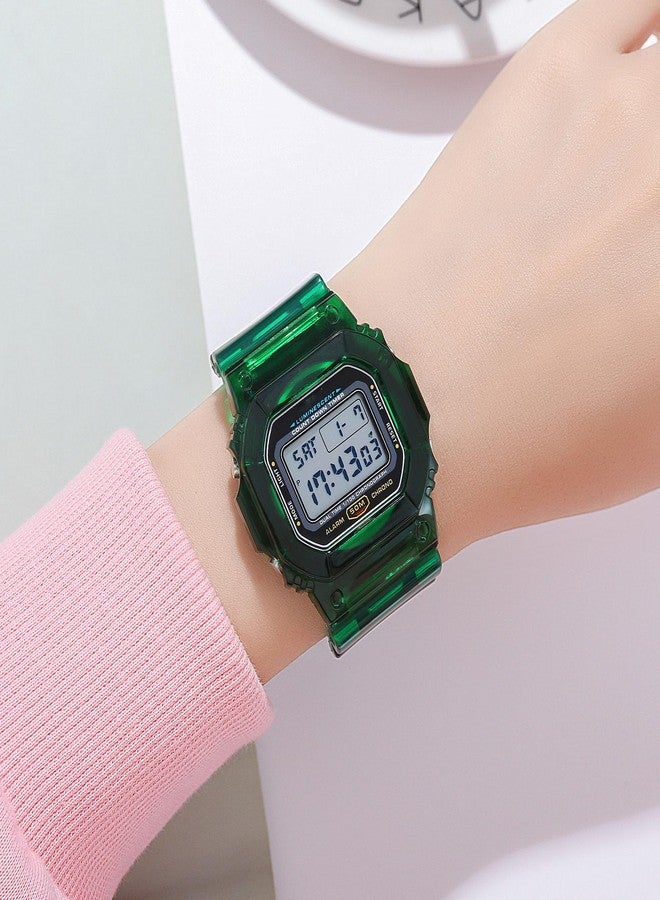 Gosasa Women's Men Youth Square Full Transparent Digital Watch Chronograph Countdown Dual Time Waterproof Watch, B Green - Image 3