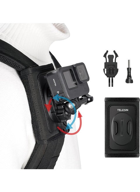 TELESIN 360 Backpack Mount Shoulder Strap Bag Clip Holder Attach w Quick Release Tripod Adapter Base for GoPro Max Go Pro Hero 12 11 10 9 8 7 Insta360 X3 GO3 DJI Action 3 4 Bike Motorcycle Accessories