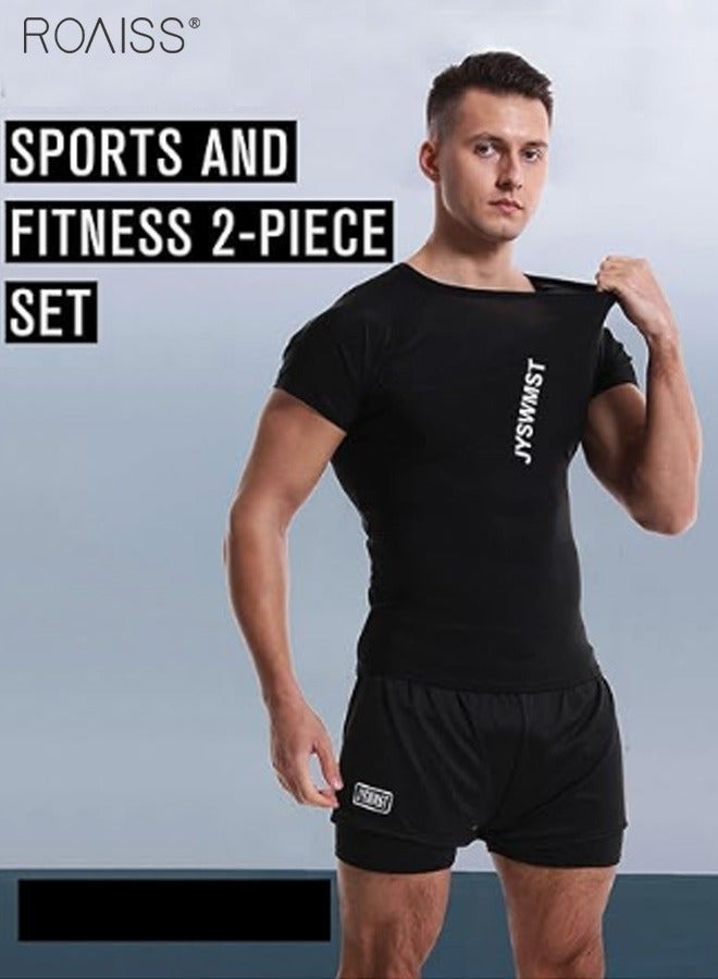 roaiss 2-Piece Men's Swimsuit Set, Fashion Loose Fitting Quick Drying Professional Swimwear, Sun Protection Swimsuit Set with Double Layer Swimming Shorts, Black - Image 2