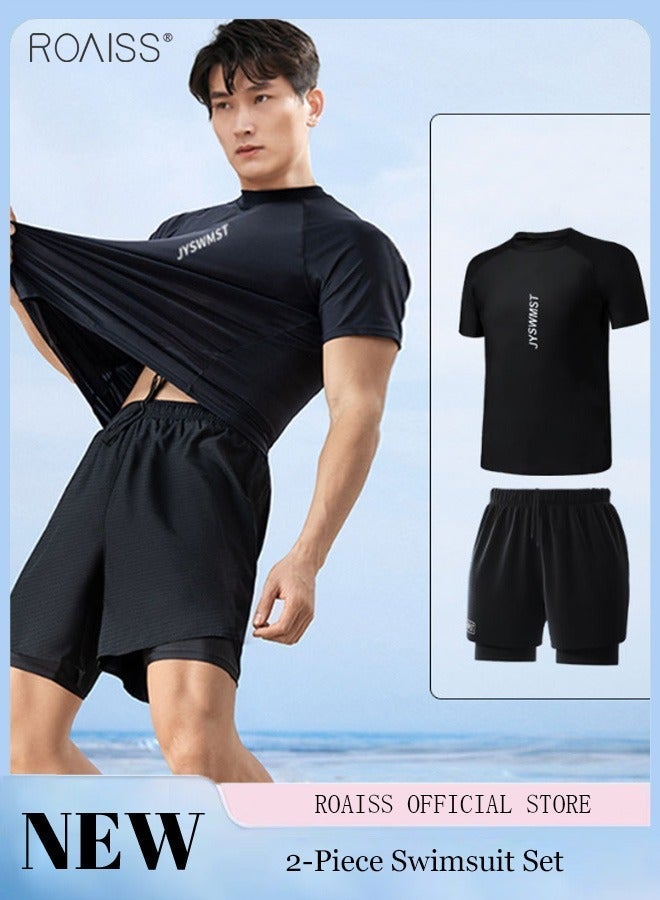 roaiss 2-Piece Men's Swimsuit Set, Fashion Loose Fitting Quick Drying Professional Swimwear, Sun Protection Swimsuit Set with Double Layer Swimming Shorts, Black - Image 1
