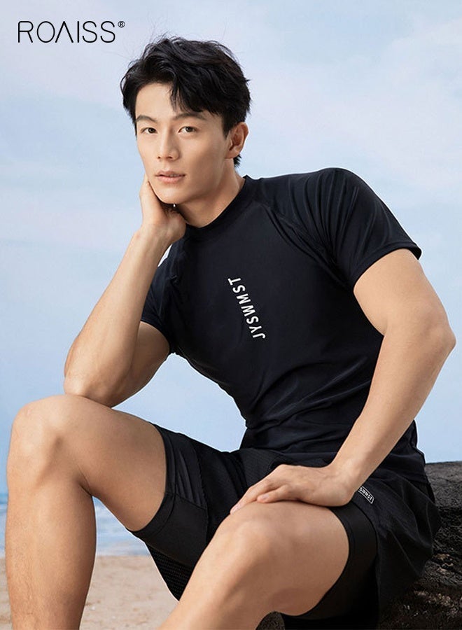 roaiss 2-Piece Men's Swimsuit Set, Fashion Loose Fitting Quick Drying Professional Swimwear, Sun Protection Swimsuit Set with Double Layer Swimming Shorts, Black - Image 3