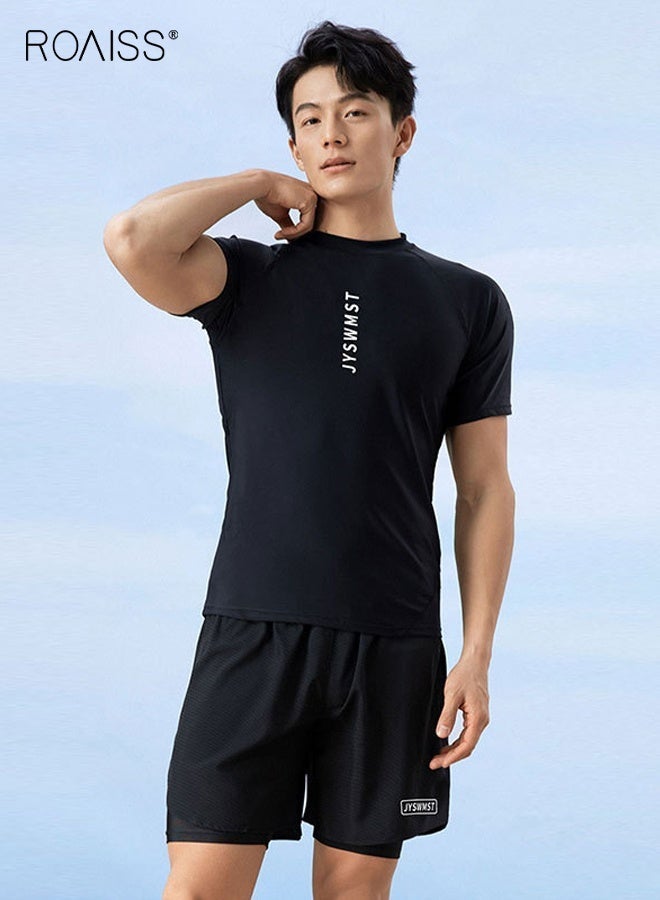 roaiss 2-Piece Men's Swimsuit Set, Fashion Loose Fitting Quick Drying Professional Swimwear, Sun Protection Swimsuit Set with Double Layer Swimming Shorts, Black - Image 4