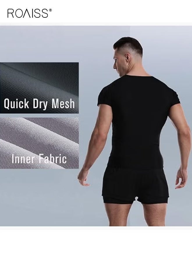 roaiss 2-Piece Men's Swimsuit Set, Fashion Loose Fitting Quick Drying Professional Swimwear, Sun Protection Swimsuit Set with Double Layer Swimming Shorts, Black - Image 5