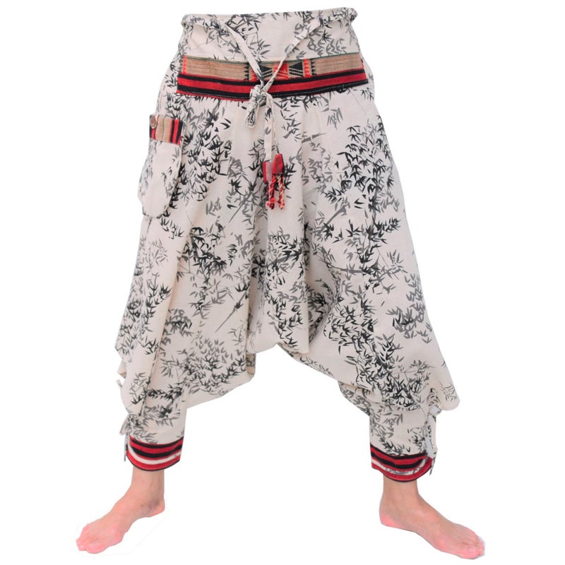 Siamrose Japanese Style Samurai Yoga Ninja Harem Pants Men Women Lounge Trousers One Size Elastic Waist Beige Printed
