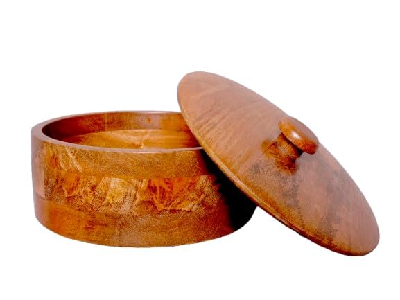 Krishna Enterprises Patched Chapati Box for Kitchen with Lid Handcarved Wooden Roti Box for Kitchen Chapati Casseroles Wooden Serving Casseroles Serveware Mango Wood 8 inch  - Image 4