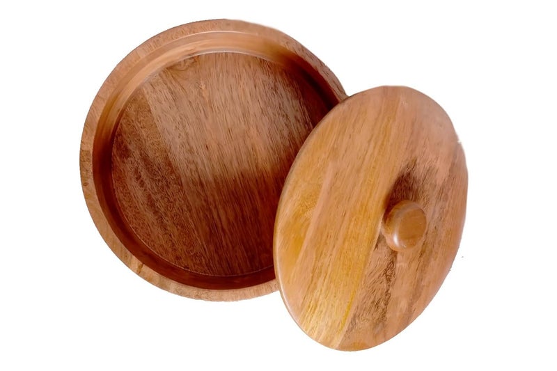 Krishna Enterprises Patched Chapati Box for Kitchen with Lid Handcarved Wooden Roti Box for Kitchen Chapati Casseroles Wooden Serving Casseroles Serveware Mango Wood 8 inch  - Image 2