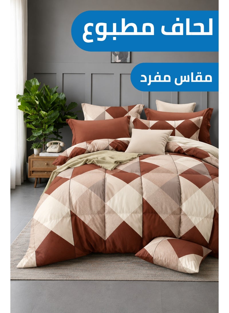 Premium Brown Diamond Printed Comforter Set Single Size 160 x 245 cm With Flat Bedsheet And Pillow Covers - Image 1