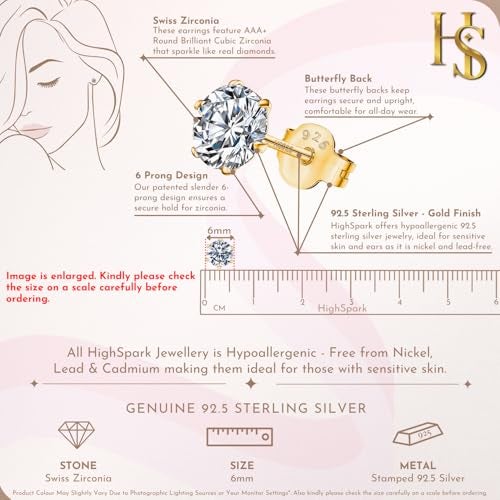 HIGHSPARK 925 Silver Solitaire Stud Earrings in Gold Finish| 92.5 Sterling Silver & Round Brilliant Cubic Zirconia Tops for Men Women Boys & Girls | Gold 6mm - Image 2