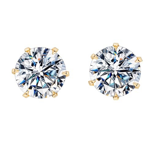 HIGHSPARK 925 Silver Solitaire Stud Earrings in Gold Finish| 92.5 Sterling Silver & Round Brilliant Cubic Zirconia Tops for Men Women Boys & Girls | Gold 6mm - Image 1