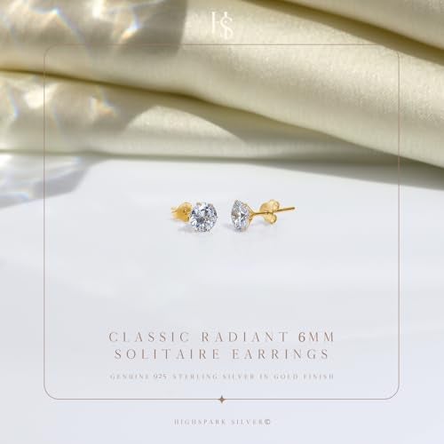 HIGHSPARK 925 Silver Solitaire Stud Earrings in Gold Finish| 92.5 Sterling Silver & Round Brilliant Cubic Zirconia Tops for Men Women Boys & Girls | Gold 6mm - Image 3
