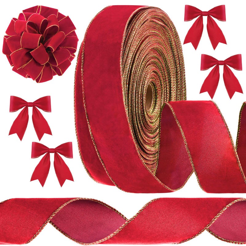 100 ياردة شريط مخمل عيد الميلاد عريض مع سلك خارجي شريط عيد الميلاد مقاوم للماء لتزيين إكليل عيد الميلاد والأقواس وزينة الحرف اليدوية 25 × 100 ياردة أحمر